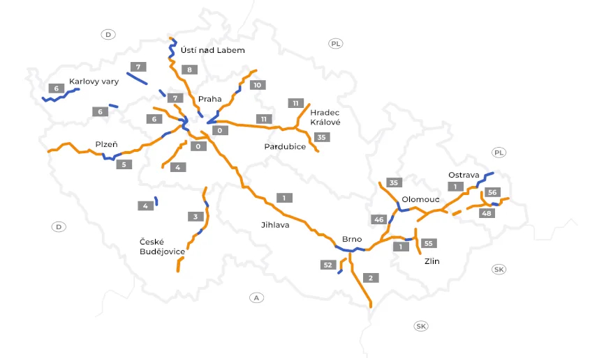 Map of the Czech motorway sections where a vignette is required